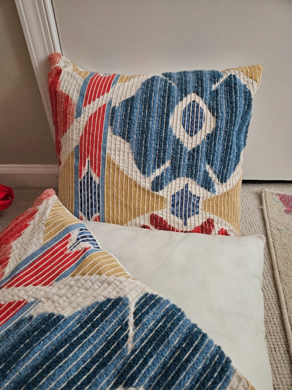 Pier 1 Imports Pillows Set of 2 Ivory Floral Pink Blue Yellow Cotton 17" square